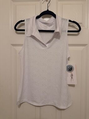 Gottex Sleeveless Polo Eyelet Top - Moisture Wicking - White - Golf and Tennis